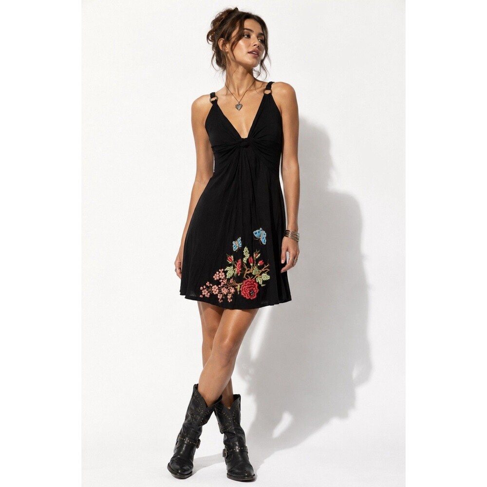 Soul Revival Y2K Black Floral Embroidered Butterfly Leather Trim Boho Dress M